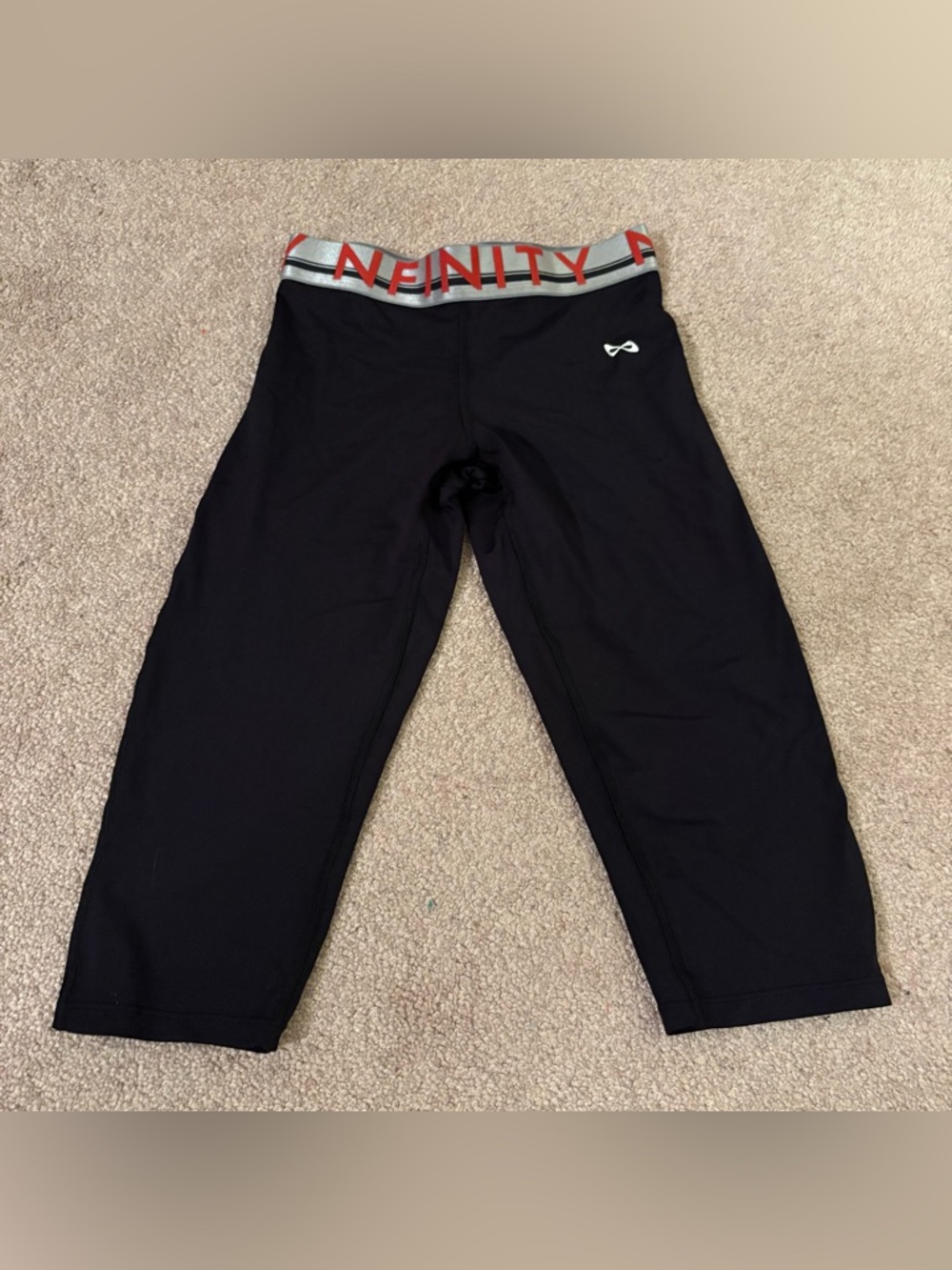 NFINITY Black Capri Leggings with Silver and Red Waistband cheer youth large